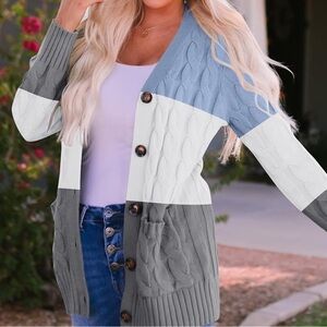 Casual long sleeve button down open front cable knit cardigan sweater